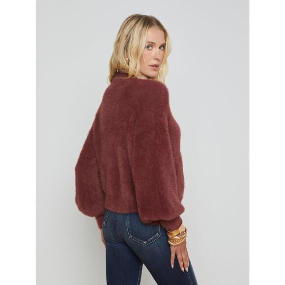 NWT L'Agence Harriet Fuzzy Knit Blouson Sleeve Cardigan Size XXL Burgundy #3D511 - Picture 3 of 11